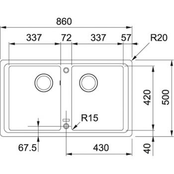 Franke BFG 620, 2x 860x500mm, 2 x Siebkorb als Drehknopfventil, mit rundem Ueberlauf, Steingrau