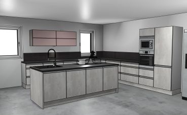 Burger Planungsküche Celine F132 CONCRETE WHITE Arbeitsplatte Shale black