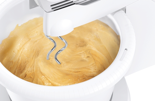 Bosch CleverMixx Handrührer – 375 Watt, Mit Schüssel & Ständer, 4 Geschwindigkeiten + Turbo, Weiß/rot, Spülmaschinengeeignet