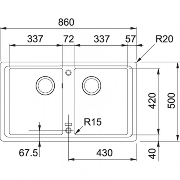 Franke BFG 620, 2x 860x500mm, 2 x Siebkorb als Drehknopfventil, mit rundem Ueberlauf, Steingrau