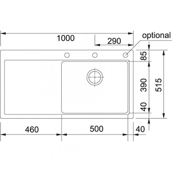 Franke MTG 611, 1000x515mm, Siebkorb als Druckknopfventil, mit verdecktem Ueberlauf, Tropfteil links, Glacier