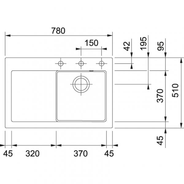 Franke MTK 611-78, 780x510mm, Siebkorb als Druckknopfventil, mit verdecktem Ueberlauf, Abtropfflaeche links, mit Ablaufgarnitur, 2 Batterieloecher, Gl