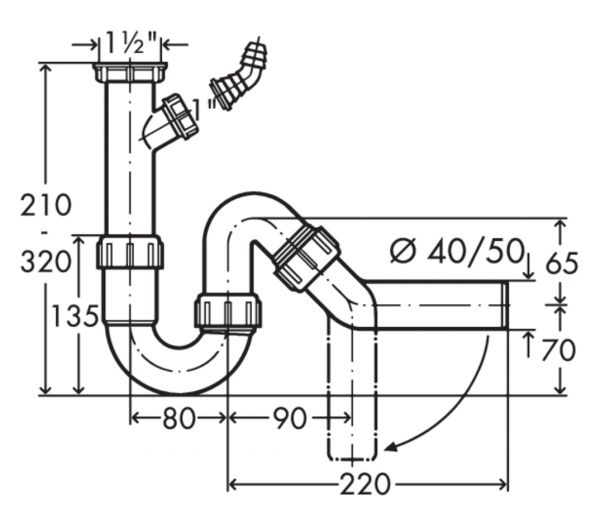 Röhrengeruchsverschluss 1 , Siphon, 1 ½ Zoll x Ø 40 mm