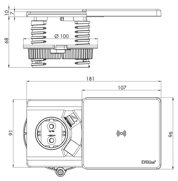 Evoline Square-USB Qi, Einbausteckdosenelemente, edelstahlfarbig