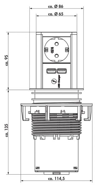 Elevator USB, Versenkbares Steckdosenelement, edelstahlfarbig