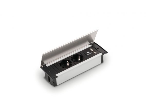 Kapsa-USB, Einbausteckdosenelemente, mit Schukosteckdosen, Deckel edelstahlfarbig