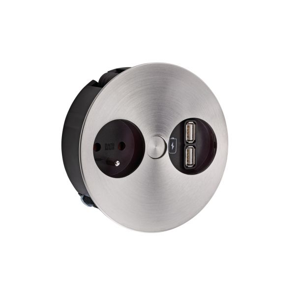 Twist USB, Ecksteckdosenelement, mit belgischer/französicher Steckdose, edelstahlfarbig