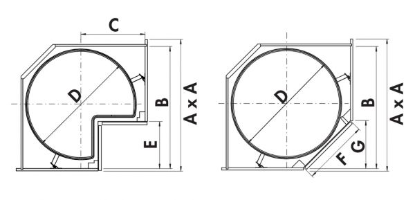 VS COR Wheel Pro, Eckschrank-Drehbeschlag, 1 Boden, 3/4, Korpus 900 x 900 mm, chrom