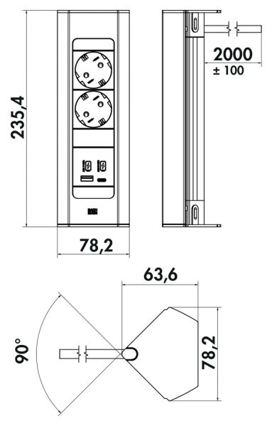 Casia 2K Steckdosenleiste USB A+C, Ecksteckdosenelement, edelstahlfarbig