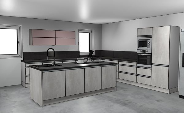 Burger Planungsküche Celine F132 CONCRETE WHITE Arbeitsplatte Shale black