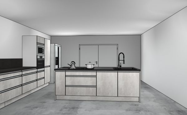 Burger Planungsküche Celine F132 CONCRETE WHITE Arbeitsplatte Shale black